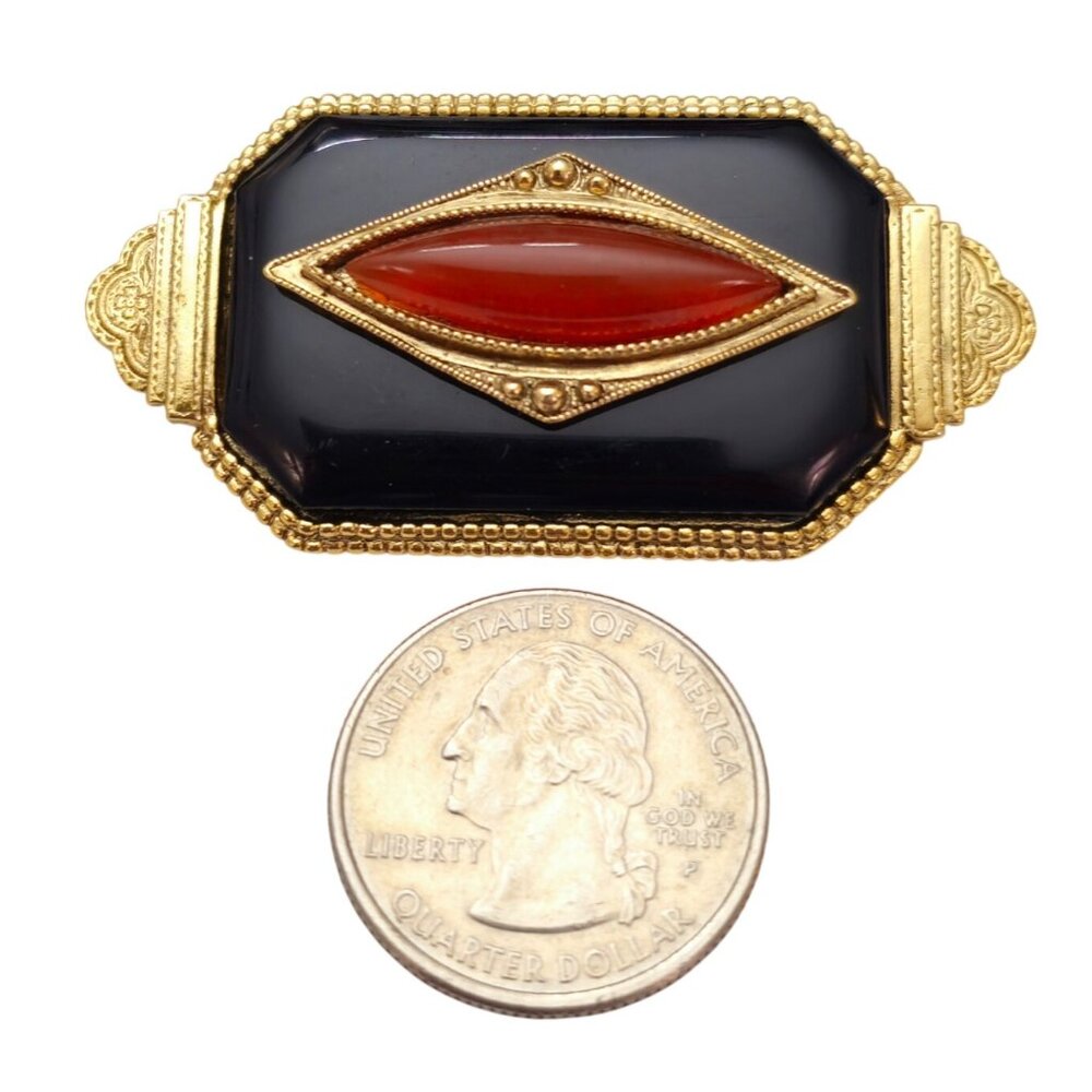 1928 Brand Art Deco Style Oval Cornelian Glass Bar Brooch Black Lucite Pin C867 - Picture 6 of 9